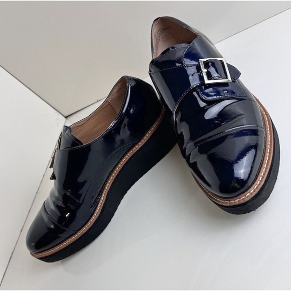 Halogen Haemma-Lea Navy Patent Leather Monk Strap Platform Loafers 11M 45-03‎ - Picture 6 of 15